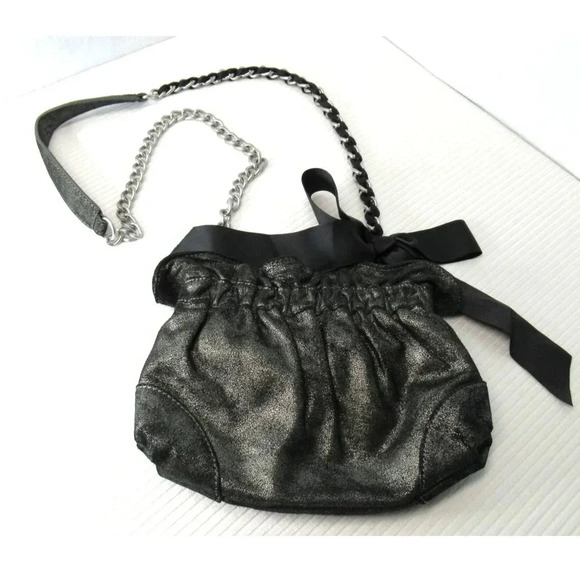 Ann Taylor LOFT Black Silver Leather Shoulder Bag Chain Strap Bow - Picture 1 of 8